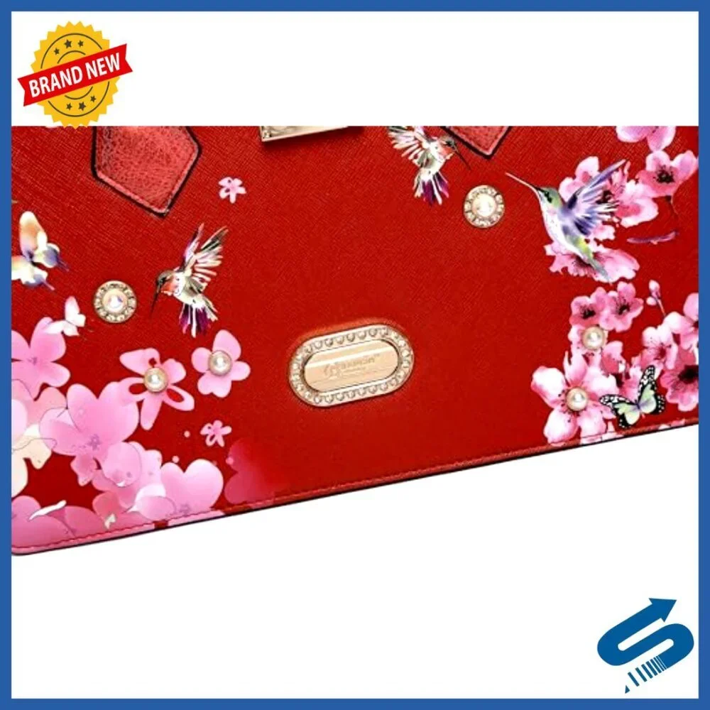 Vegan Leather Satchel with Adjustable Strap, Floral Crystal Accents